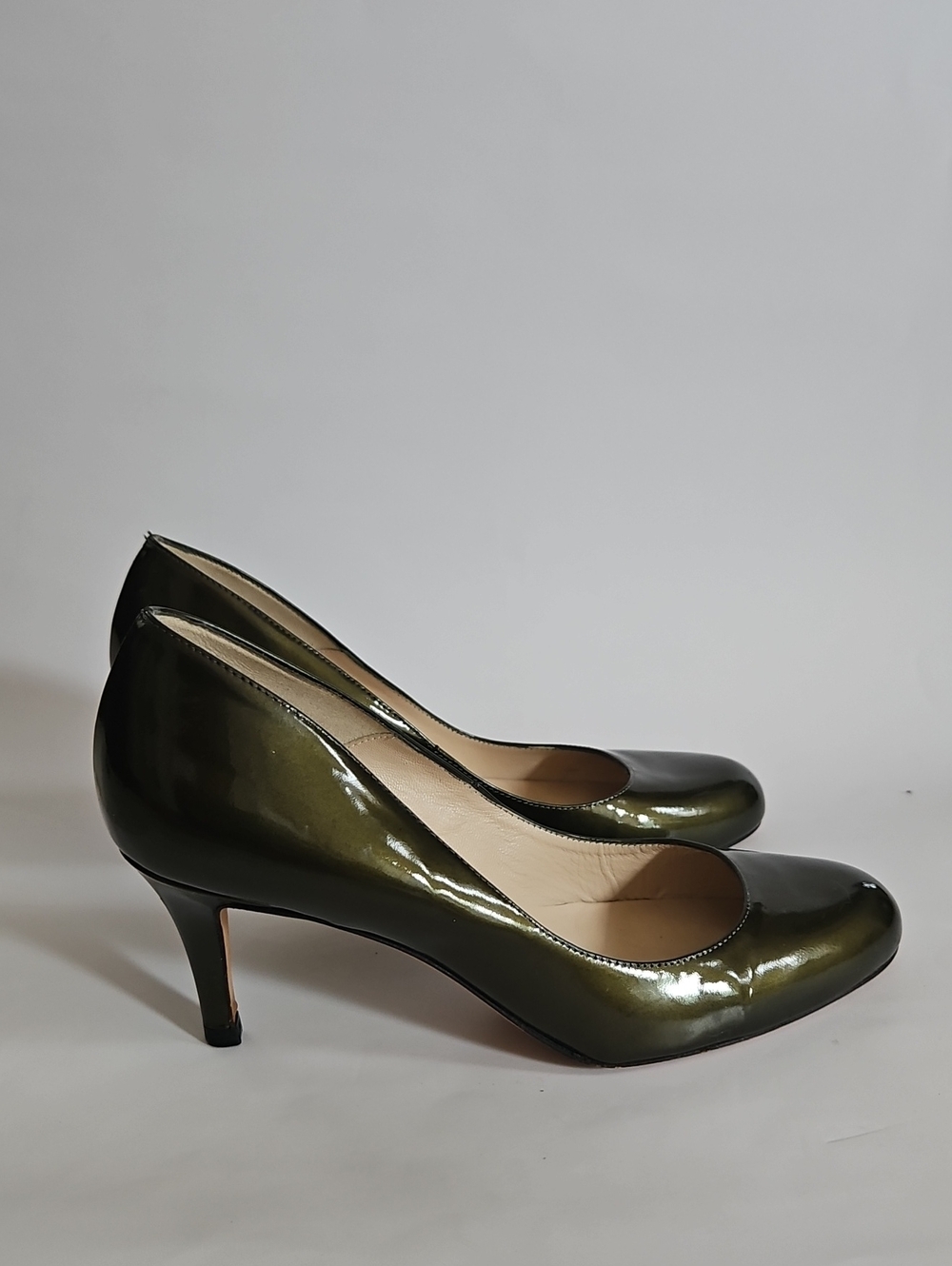 L.K. Bennett "Stila" patent leather court pumps in a glossy olive green finish S
